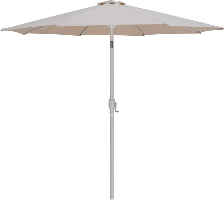Fiji aluminum patio umbrella by Meridian Furniture with round black and white base, providing shade for outdoor seating area.