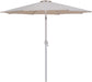 Fiji aluminum patio umbrella by Meridian Furniture with round black and white base, providing shade for outdoor seating area.