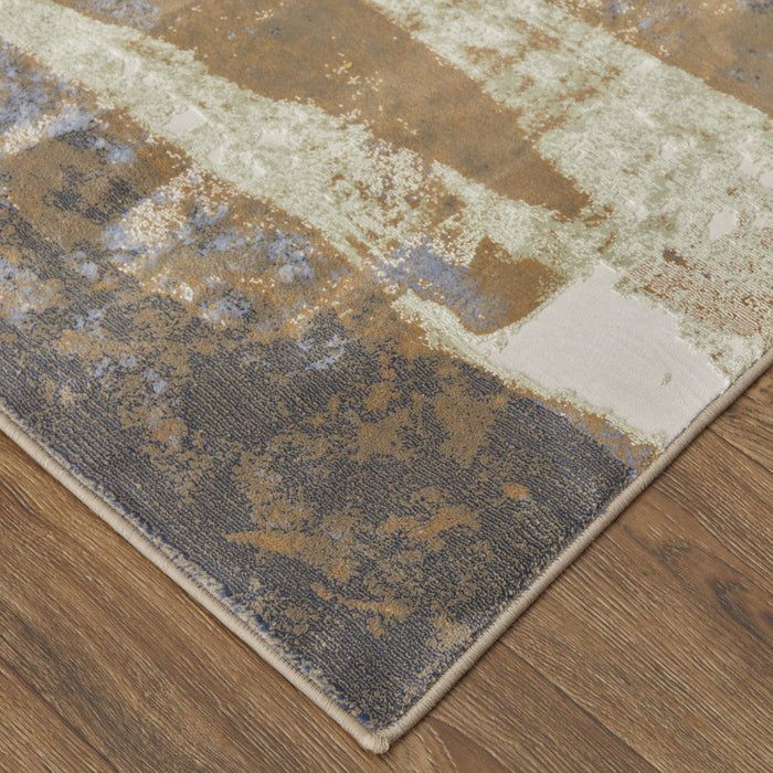 9' x 12' Abstract Power Loom Distressed Area Rug - Brown Blue And Ivory