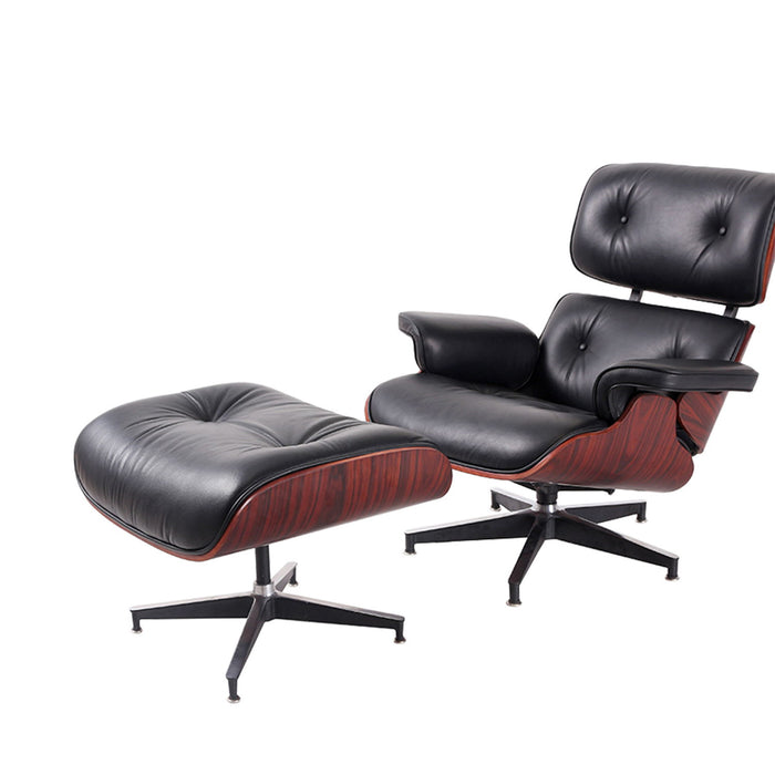 Black tufted leather swivel lounge chair with matching dark brown ottoman, HomeRoots stationary chair and ottoman set.