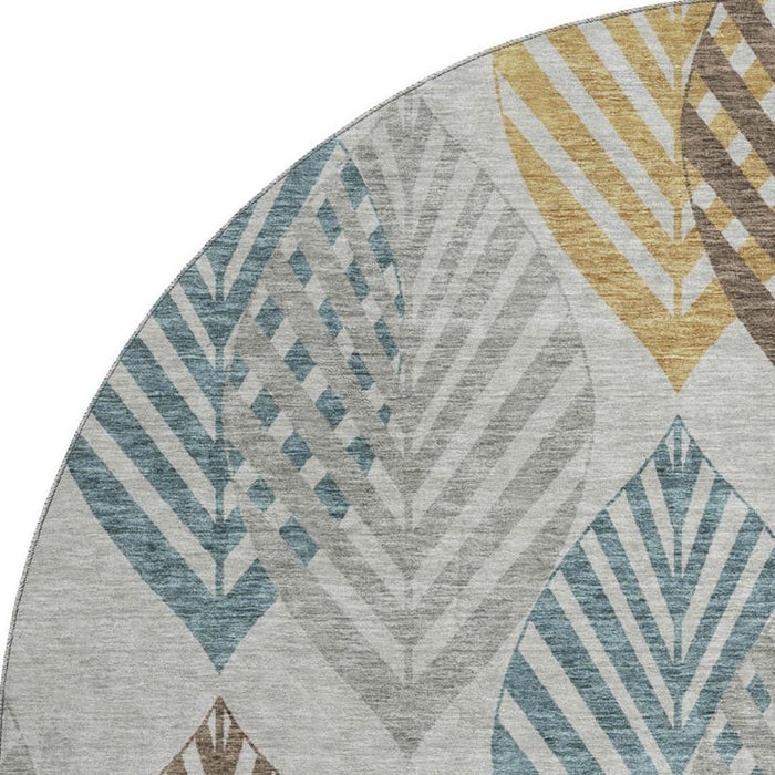 8' Transitional Floral Washable Round Rug With UV Protection - Gray