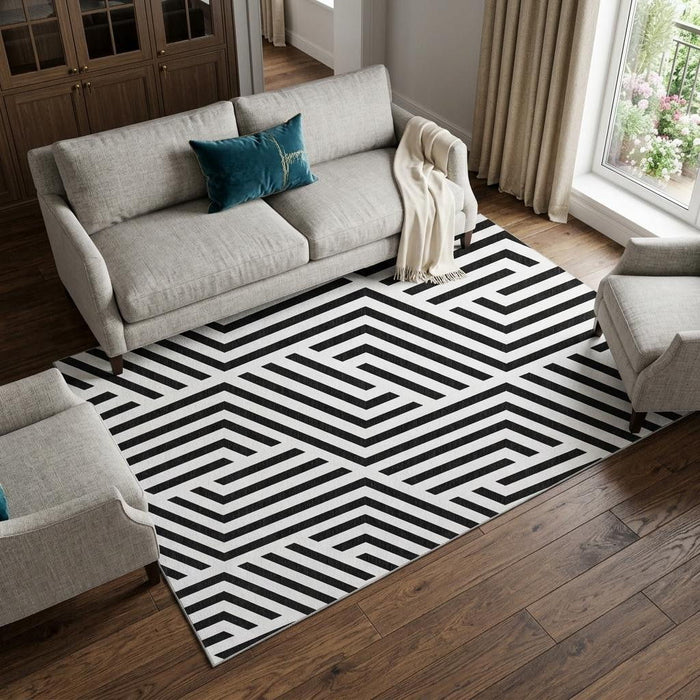 10' X 14' Geometric Washable Area Rug With UV Protection (648520) - Black / Ivory