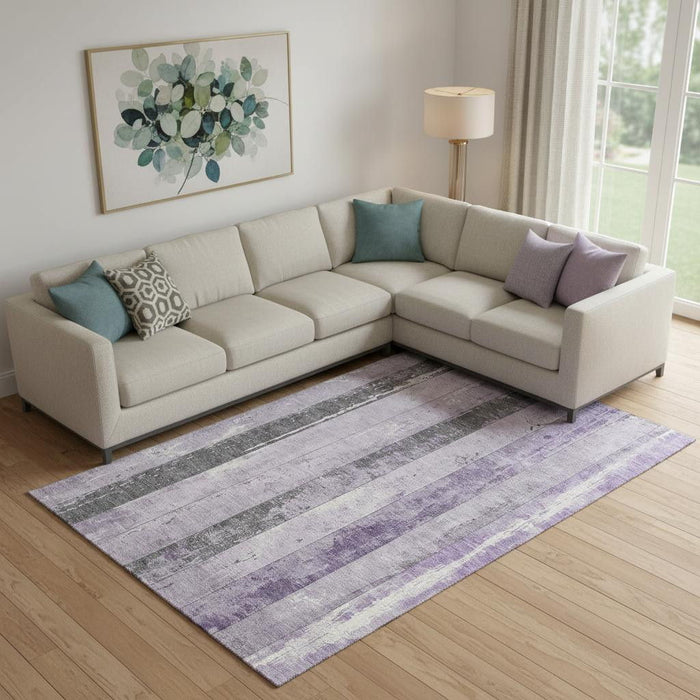 10' X 14' Striped Washable Area Rug With UV Protection (706301) - Lavender / Gray