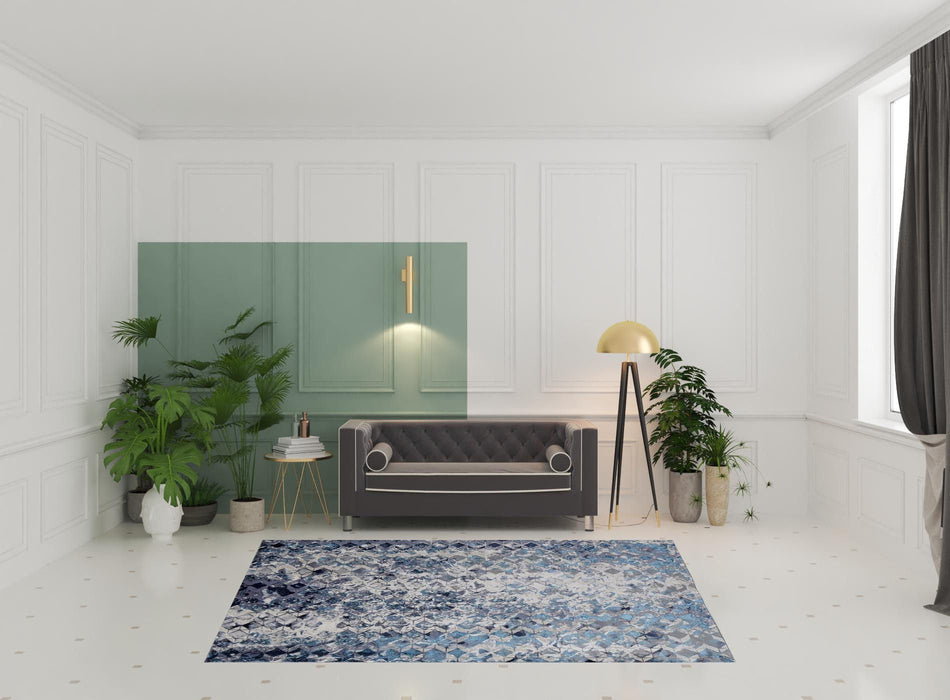 7' x 10' Geometric Power Loom Distressed Area Rug - Blue Ivory And Gray