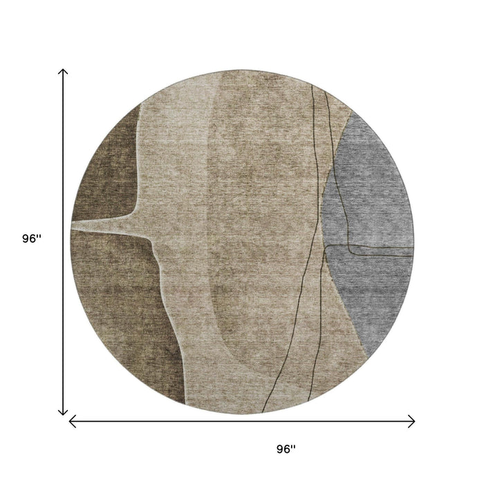 8' Abstract Washable Round Rug With UV Protection (656552) - Brown / Beige / Blue