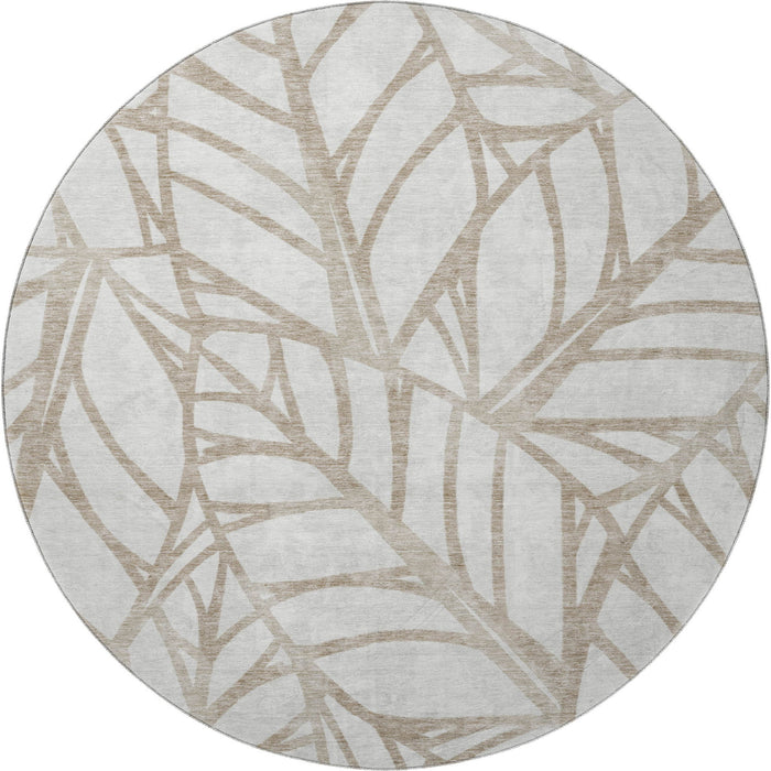 8' Floral Washable Round Rug With UV Protection - Beige And Brown