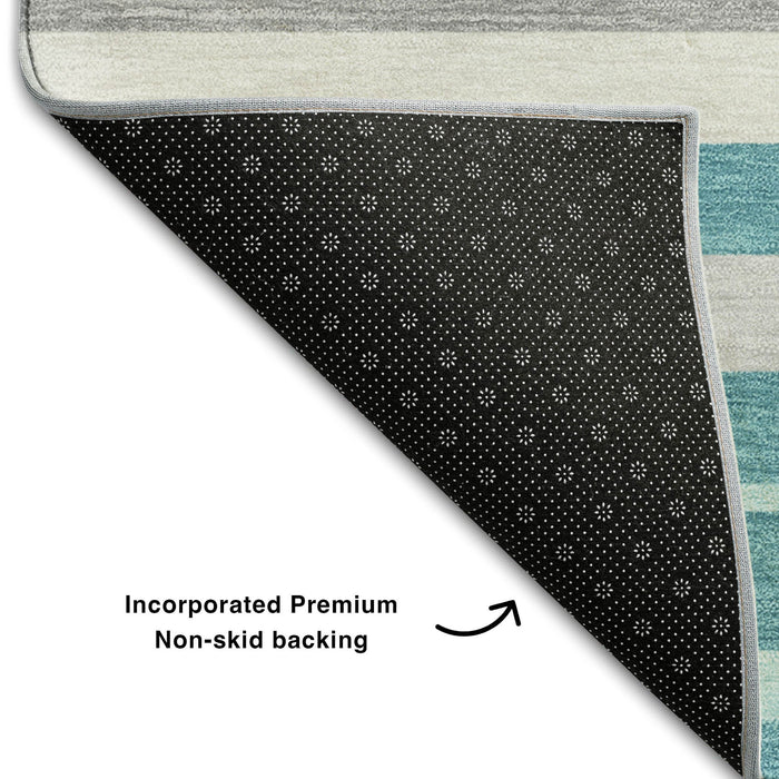 10' X 14' Striped Washable Area Rug With UV Protection (669931) - Teal / Ivory / Gray