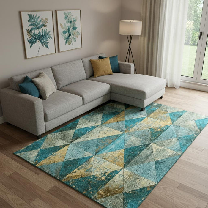 10' X 14' Geometric Washable Area Rug With UV Protection (699106) - Teal / Gold / Ivory