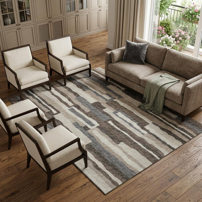 10' X 14' Abstract Washable Area Rug With UV Protection (644132) - Brown / Ivory / Gray