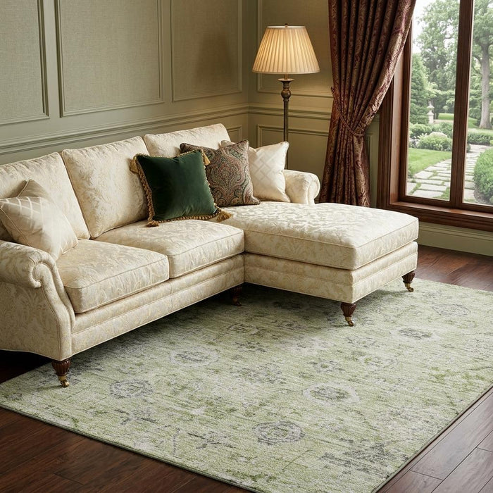 10' X 14' Damask Washable Area Rug With UV Protection (684570) - Artichoke Green / Gray / Silver