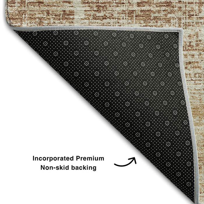 8' Abstract Washable Round Rug With UV Protection - Copper And Beige