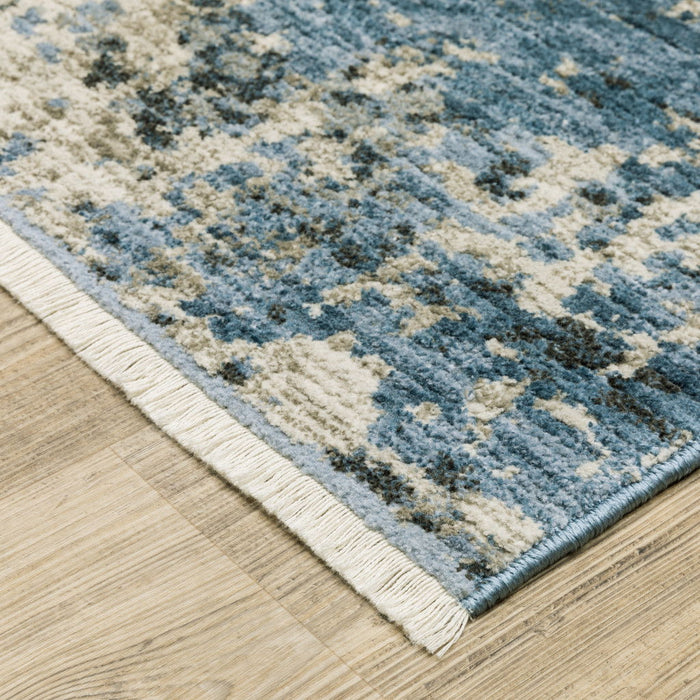 10' x 13' Abstract Power Loom Stain Resistant Area Rug With Fringe - Blue Gray Ivory Light Blue And Dark Blue