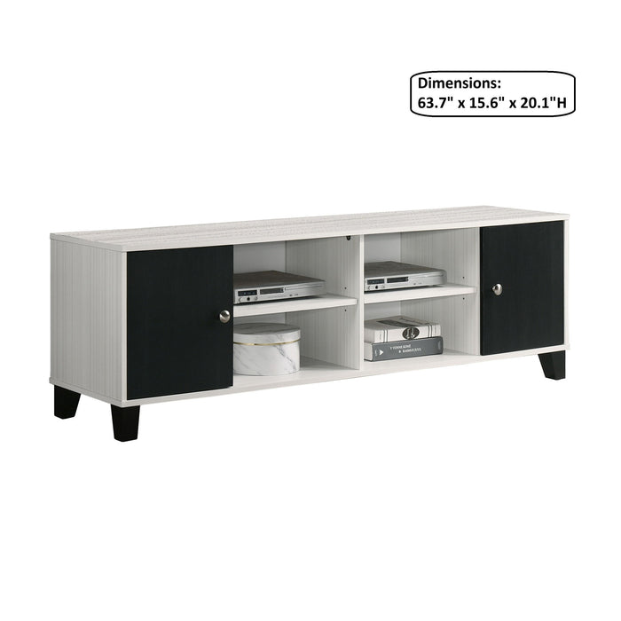 Giga 2-tone black and white TV stand with open shelves and hidden storage for modern living room furniture.