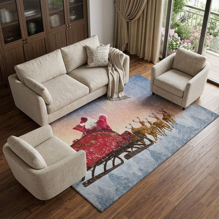 9' X 12' Christmas Santa Claus Distressed Washable Area Rug With UV Protection (646408) - Blue / Red / Brown