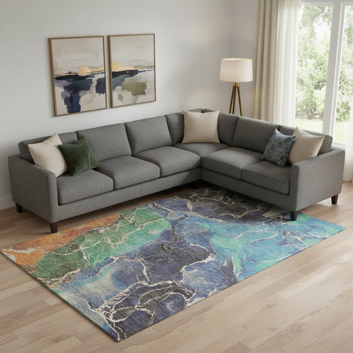 10' X 14' Abstract Washable Area Rug With UV Protection (701207) - Blue / Green / Orange
