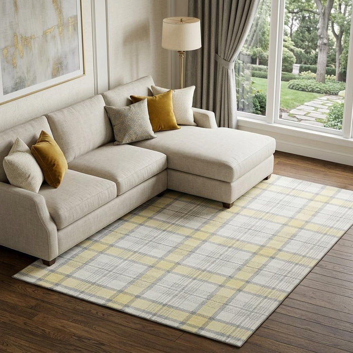 10' X 14' Plaid Washable Area Rug With UV Protection (682529) - Yellow / Ivory / Gray
