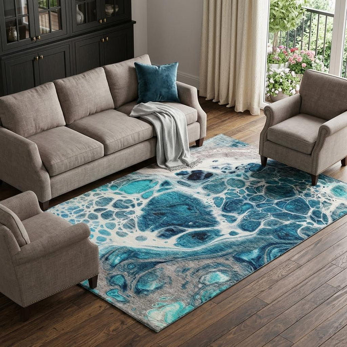 10' X 14' Abstract Washable Area Rug With UV Protection (656070) - Teal / Ivory / Gray