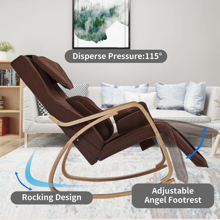 Giga brown rocking lounge chair with full massage, air pressure, cushioned seat, and relaxing design for comfort.