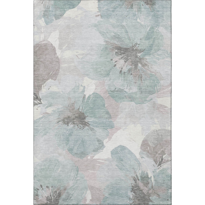 10' X 14' Floral Washable Area Rug With UV Protection (694406) - Pale Aqua / Ivory / Gray