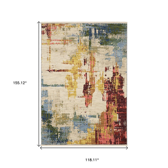 10' X 13' Modern Abstract Area Rug With Fringe - Beige