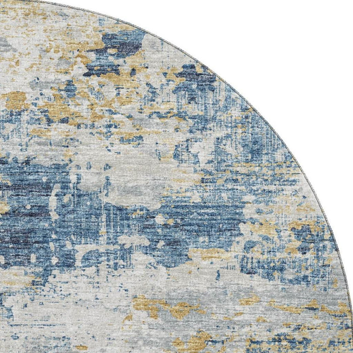 8' Transitional Abstract Washable Round Rug With UV Protection - Blue