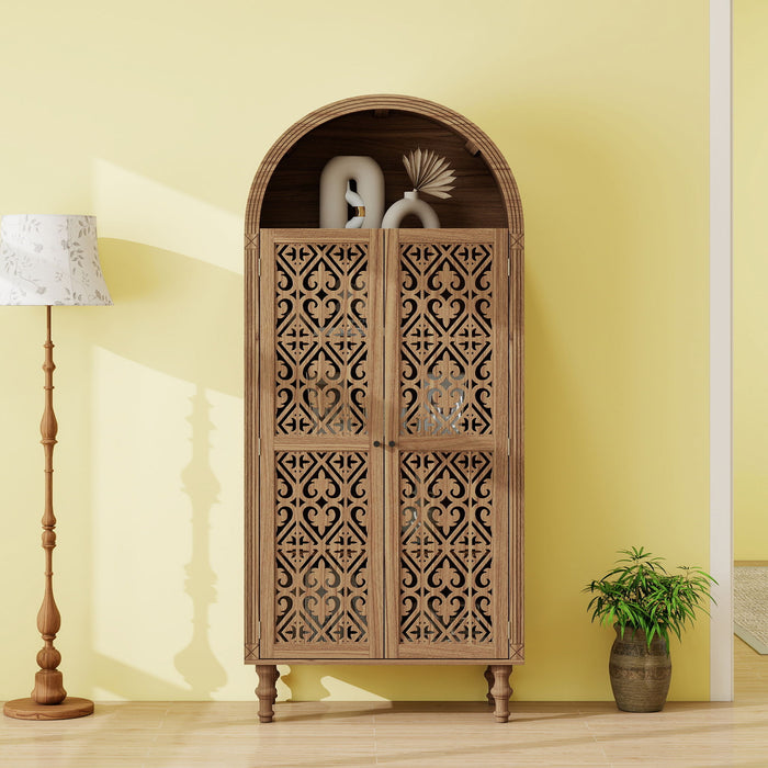 Giga tall walnut kitchen pantry cabinet with hollow carved doors and adjustable shelves for versatile kitchen storage