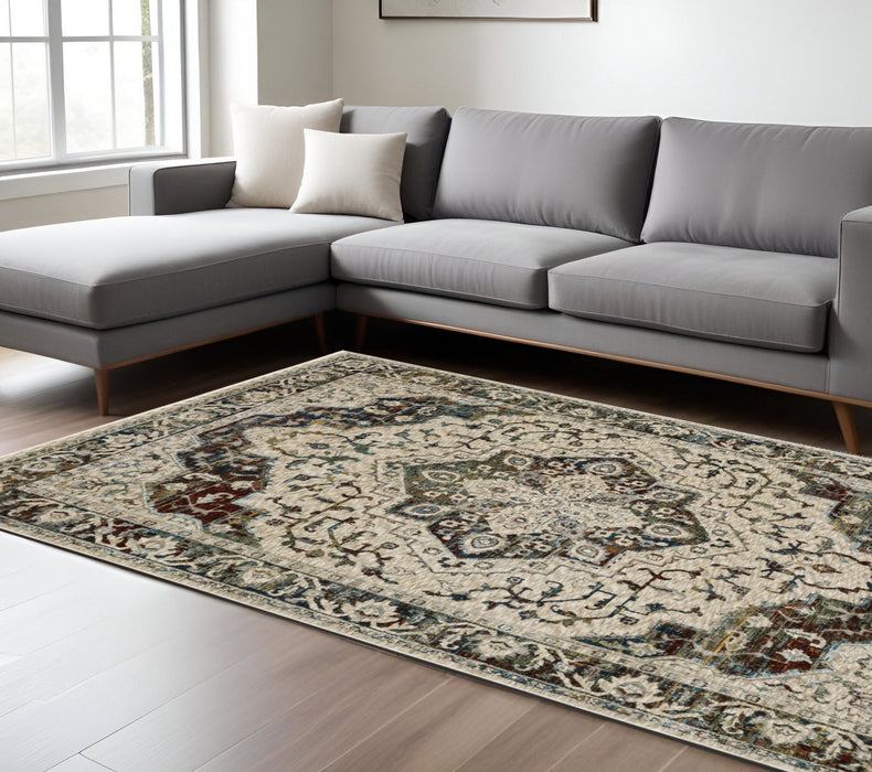 7' X 10' Medallion Area Rug With Fringe - Ivory And Red