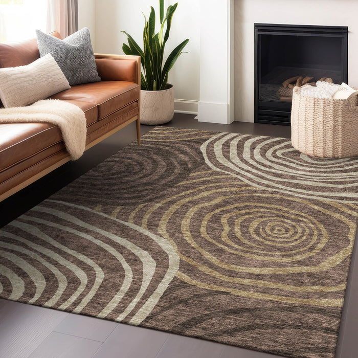 10' X 14' Abstract Washable Area Rug With UV Protection - Brown / Ivory