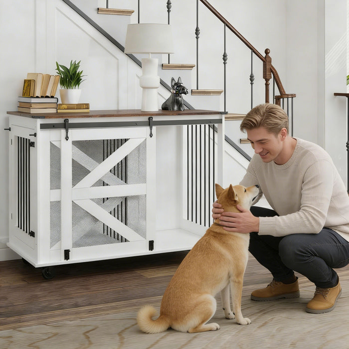 Giga mobile dog crate with flip top feeding door, dual access, and caster wheels in brown and white for easy pet transport.