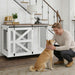 Giga mobile dog crate with flip top feeding door, dual access, and caster wheels in brown and white for easy pet transport.