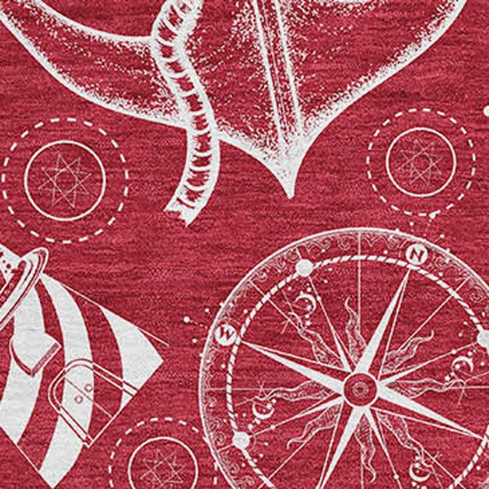9' X 12' Nautical Washable Area Rug With UV Protection - Red And Ivory