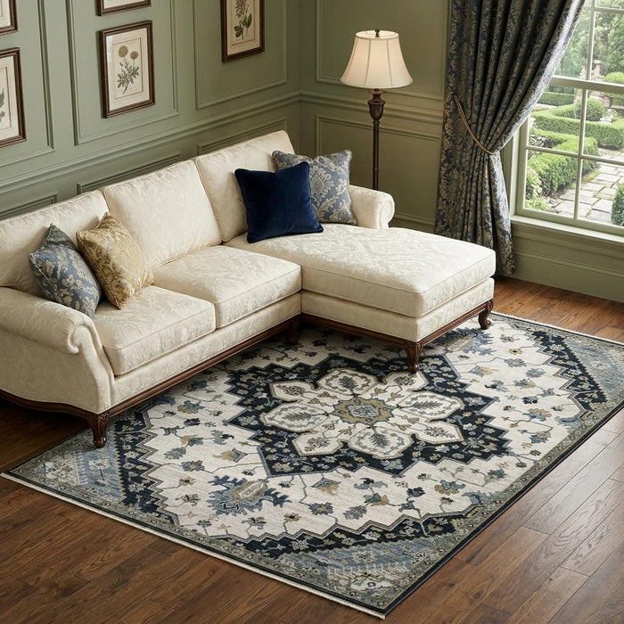 7' X 10' Medallion Area Rug With Fringe (575097) - Blue / Gray / Ivory