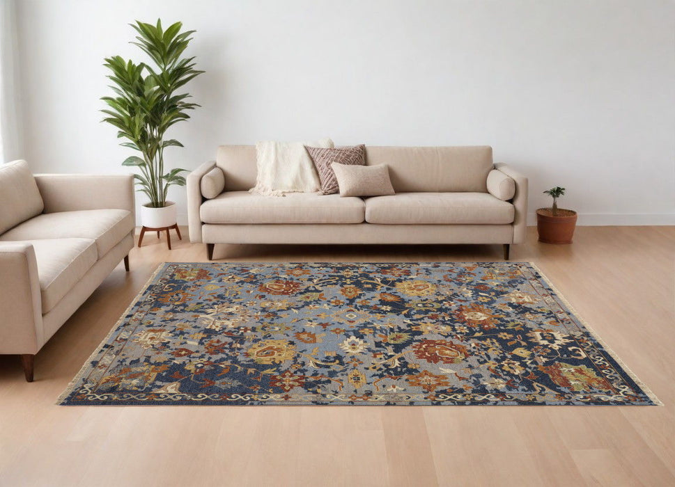 8' x 12' Wool Floral Hand Knotted Area Rug With Fringe - Blue Gray And Red