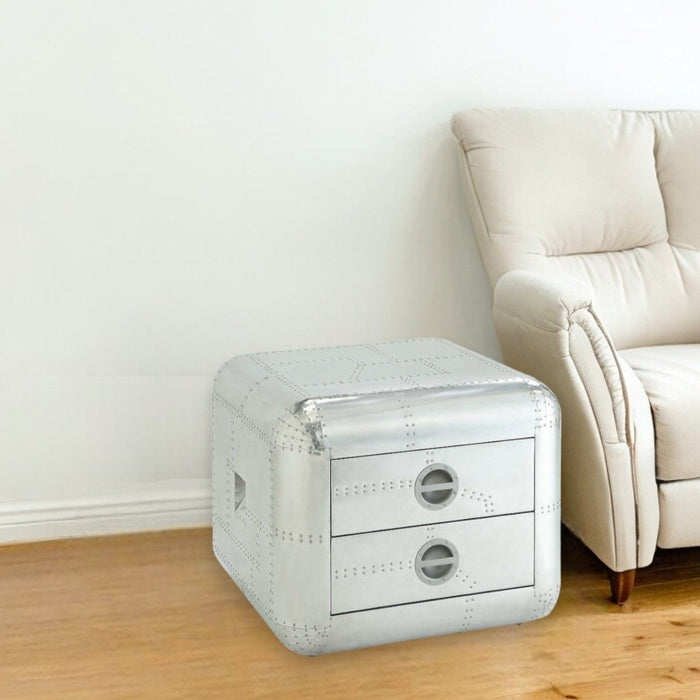 Aluminum Aviator Trunk Style Square End Table With Two Drawers - Silver