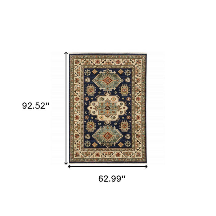 5' x 8' Oriental Power Loom Stain Resistant Area Rug With Fringe - Navy Charcoal Orange Rust Gold Pale Blue Olive Beige And Salmon