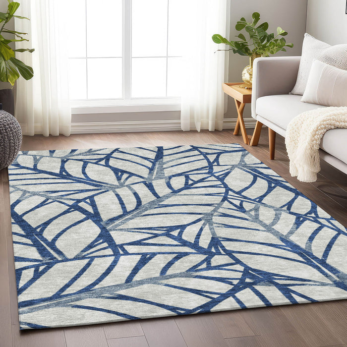 8' X 10' Floral Washable Area Rug With UV Protection - Navy Blue And Beige
