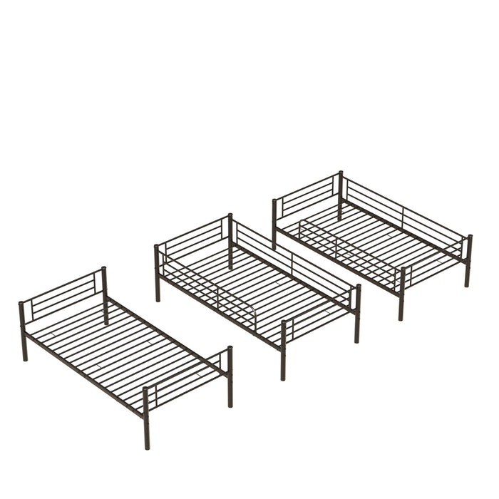 Black Giga twin size metal triple bunk bed with three stacked beds and a convertible design for bedroom or dormitory use.