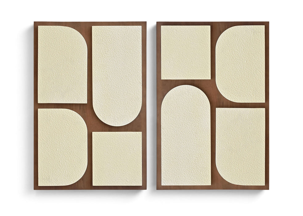 Mango wood wall decor by Meridian Furniture, two-piece wall art with natural wood grain finish, ideal for modern interior decoration.
