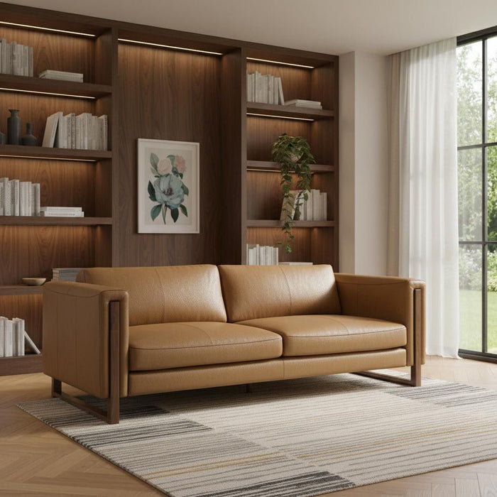 Leather Sofa With Walnut Legs - Brown