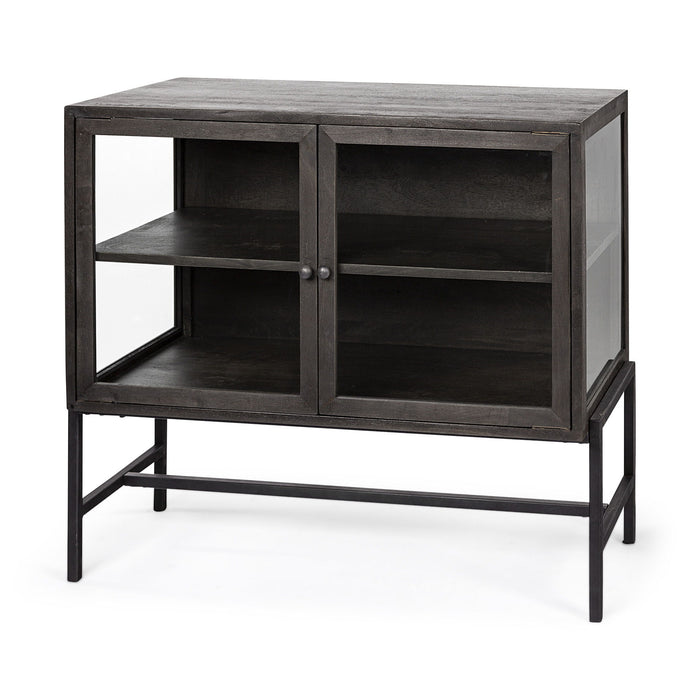 36" Solid Wood And Metal Display Cabinet With Two Doors - Black / Brown