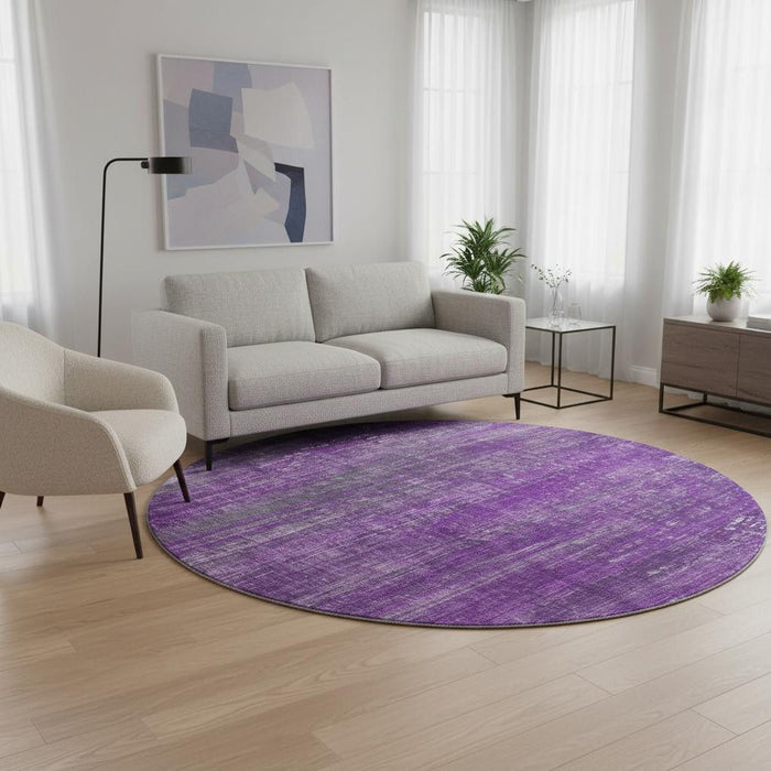 8' Striped Washable Round Rug With UV Protection (648757) - Purple / Ivory