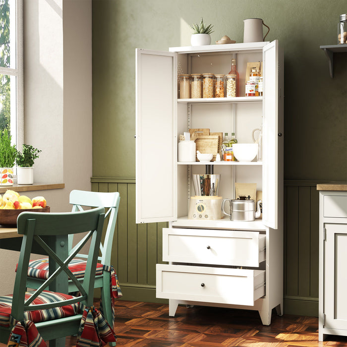 White Giga accent pantry cabinet with two drawers, adjustable shelves, ideal for spices, dishware, and small appliances.