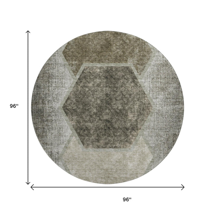 8' Geometric Washable Round Rug With UV Protection (655899) - Taupe / Brown