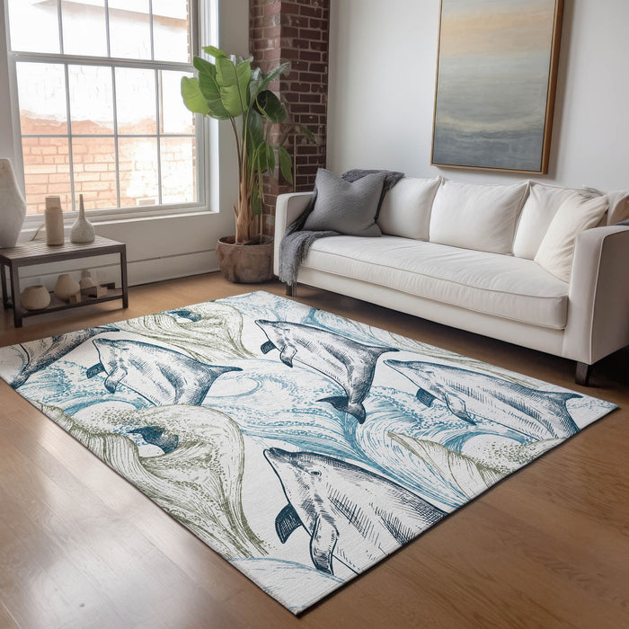 10' X 14' Denim Nautical Washable Area Rug With UV Protection - Ivory