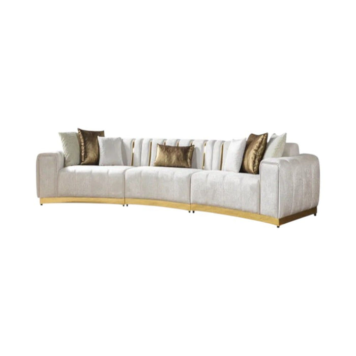 Velvet Curved Three Piece Sectional With Toss Pillows - Gold / White