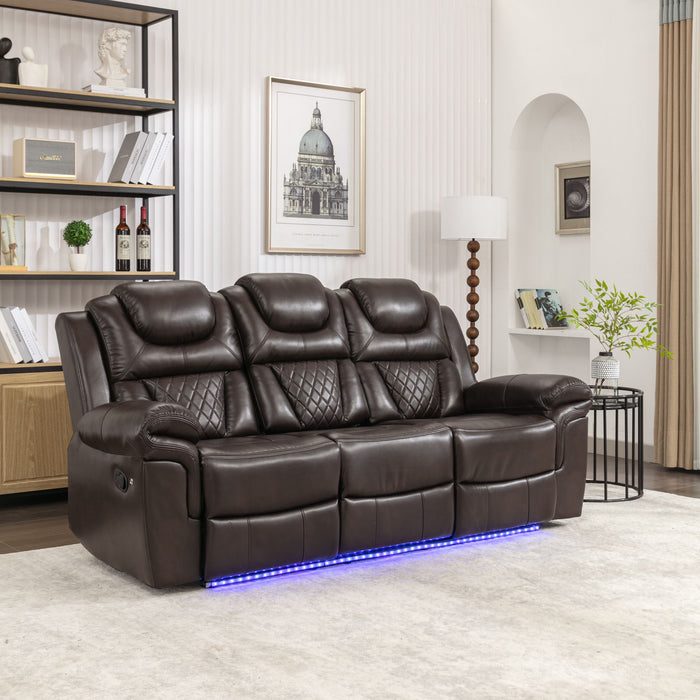 Giga home theater reclining sofa with center console and LED light strip, featuring plush upholstery and manual recline functionality.