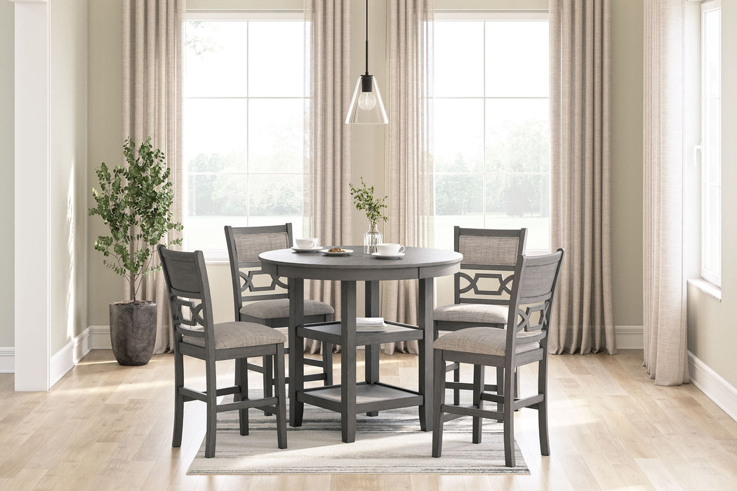 Gray Wrenning Drm Counter Table Set by Signature Design Ashley, includes five modern dining room tables and chairs.