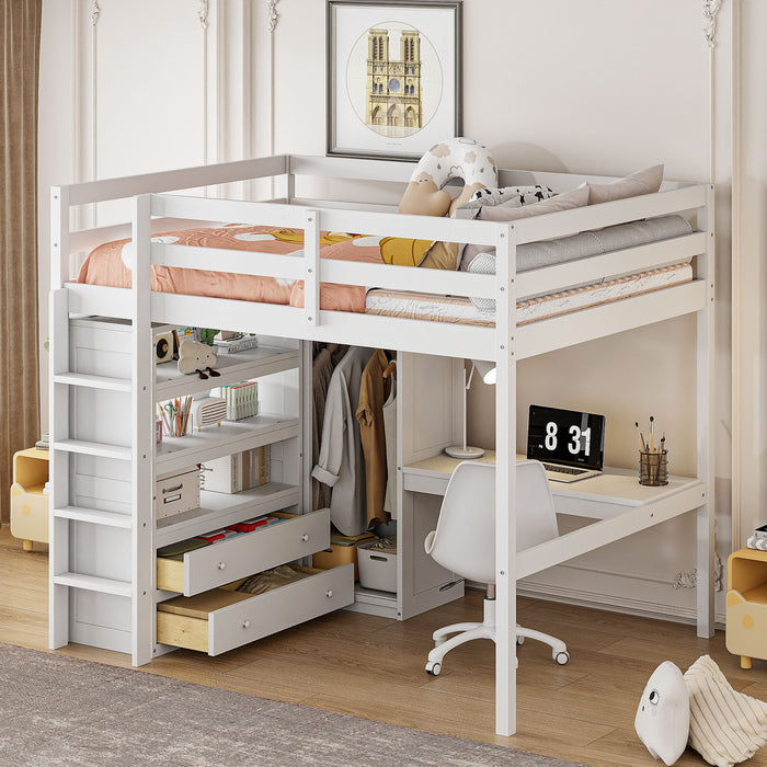 Giga loft bed with built-in wardrobe, desk, shelves, and drawers in a modern bedroom setup