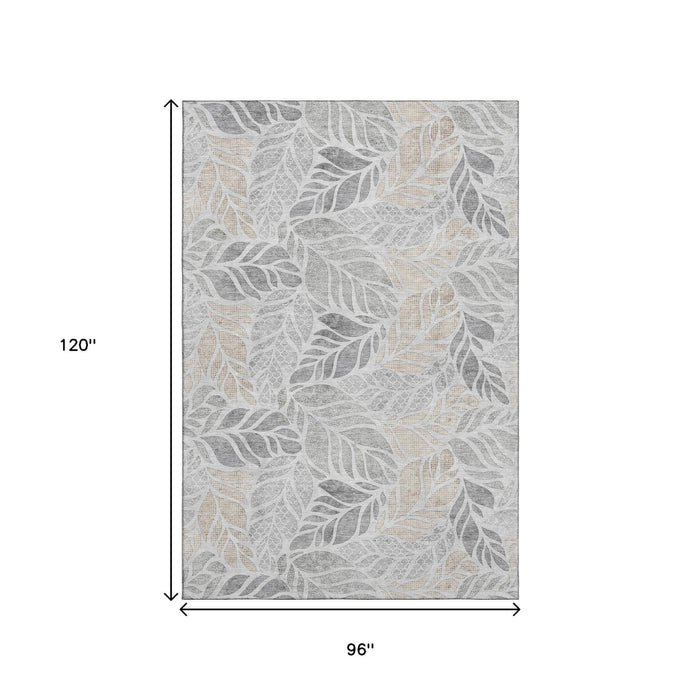 8' X 10' Tropical Botanical Distressed Washable Area Rug With UV Protection (646323) - Light Gray / Taupe / Charcoal