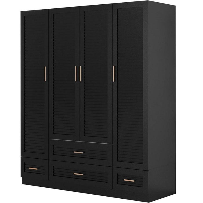 Black 71-inch wood plantation shutter wardrobe dresser with four doors and four drawers by HomeRoots.